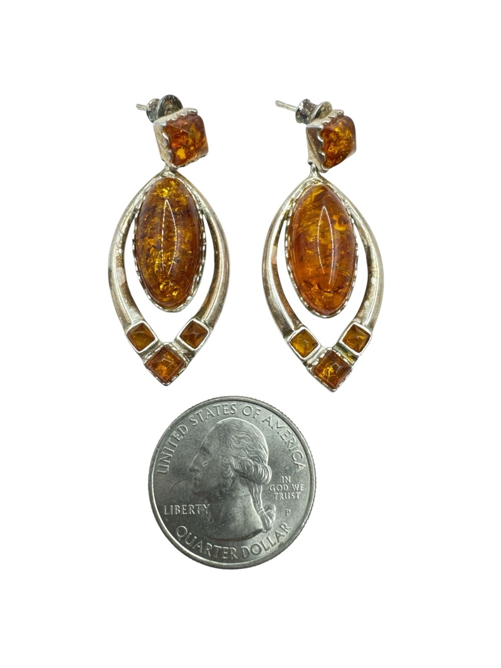 Vintage Modernist Sterling Silver Baltic Cognac Amber Dangle Earrings 2” - Picture 3 of 6